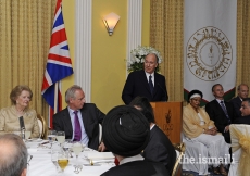 Mawlana Hazar Imam addressing guests at the dinner he hosted for diplomats and senior government officials as well political and civil society leaders from across the United Kingdom, London, 3 July 2008.