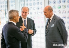 Mawlana Hazar Imam and Prince Amyn in conversation with Mayor of London Sadiq Khan, at the opening ceremony of the Aga Khan Centre in London.