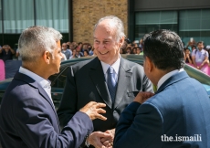 Mawlana Hazar Imam receives Mayor of London Sadiq Khan to the Aga Khan Centre, as Lord Ahmad of Wimbledon looks on.