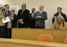 Joined by University officials, Mawlana Hazar Imam reviews a full-scale model of a future classroom at the University of Central Asia. 