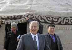 Following his meeting with the Mayor of Bishkek, Mawlana Hazar Imam emerges from the yurt. 