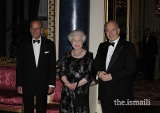 Mawlana Hazar Imam together with Her Majesty the Queen and His Royal Highness The Duke of Edinburgh, Prince Philip