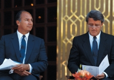 Mawlana Hazar Imam seated together with Prime Minister Brian Mulroney at the opening of the Ismaili Centre, Vancouver.