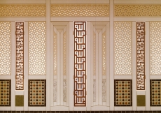 Panelling on the West window wall of the Prayer Hall, designed by Karl Schlamminger, incorporating marble, tile and plaster lattice panels with vertical teak panels in rectangular calligraphy. The names Allah, Muhammad and Ali (not shown) are to be read in the light space between the teak members.