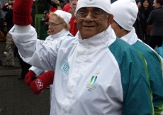 Olympic torch bearer Hassanali Merali following his run. He carried the flame as a representative of the Heart and Stroke Foundation.