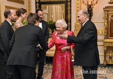 Mawlana Hazar Imam introduces Her Majesty the Queen to members of his family including Prince Rahim, Princess Salwa, Prince Hussain and Prince Aly Muhammad, London, 8 March 2018.