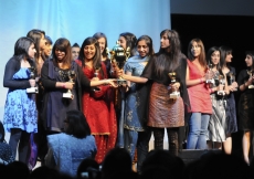 Netball participants celebrate their win at the NSF 2010 awards ceremony.