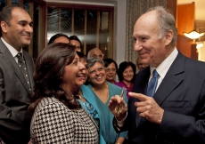 Mawlana Hazar Imam spending time with Jamati leaders, who were at the Ismaili Centre, London for a tea party with Prince Charles in commemoration of the 25th anniversary of the Centre.