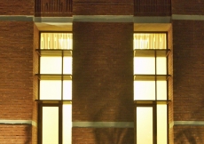 The west facade of the Ismaili Centre Lahore at dusk.