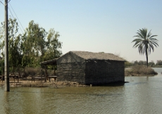 Flood waters surround a house in Sindh, Pakistan.