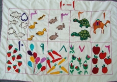 Numbers 1 – 10 in Dari with pictures sewn by mothers for the Sparks Early Childhood Development Program.