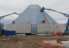 Jan 2012: Finishing touches being made on the glass roof over the Jamatkhana prayer hall of the Ismaili Centre, Toronto.