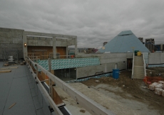 Jan 2012: A view from the roof of the Ismaili Centre social hall, with the staircase leading from the gardens to the roof terrace in the foreground.