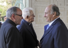 Mawlana Hazar Imam welcomes the Cardinal Patriarch of Lisbon, His Eminence Dom Manuel Clemente, accompanied by the Patriarch Emeritus of Lisbon, His Eminence Dom Jos&amp;eacute; Policarpo, to the Ismaili Centre, Lisbon.