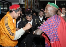 Traditional Masaii dancers welcome the Jamat in Nairobi during the Golden Jubilee Games. JG