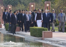 Mawlana Hazar Imam, Honourable Vice President Shri M. Venkaiah Naidu, and dignitaries tour the grounds of Sunder Nursery in New Delhi, India.