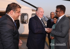 Mawlana Hazar Imam being received by local leadership upon arrival at Islamabad Airport