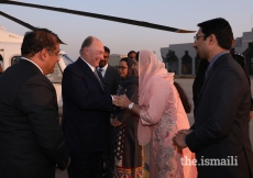 Mawlana Hazar Imam being received by local leadership upon arrival at Islamabad Airport