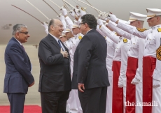 Mawlana Hazar Imam is greeted upon his arrival in Houston by Texas Secretary of State Rolando Pablos as Dr. Barkat Fazal, President of the Ismaili Council for USA, looks on.