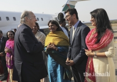 Mawlana Hazar Imam is greeted by Jamati leaders upon his arrival in Hyderabad during his Diamond Jubilee visit to India.