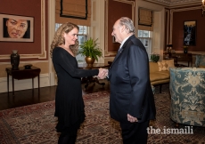 Her Excellency the Right Honourable Julie Payette, Governor General of Canada, welcoming Mawlana Hazar Imam to Rideau Hall for a celebration of his contributions to the world during his 60 years of leadership as Imam of the Shia Ismaili Muslim community.