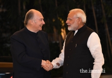 Prime Minister Shri Narendra Modi welcomes Mawlana Hazar Imam to the Prime Minister’s House in New Delhi.