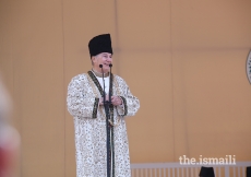 Mawlana Hazar Imam addresses the Jamat at the Diamond Jubilee Darbar at Taus, Yasin