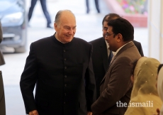 Mawlana Hazar Imam being received upon arrival at Darkhana Jamatkhana, Karachi