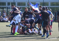 The winning team celebrates at the final whistle of the Football competition at the European Sports Festival 2019.