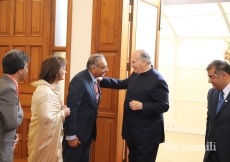 Mawlana Hazar Imam greets local leadership upon his arrival at Clifton Jamatkhana, Karachi