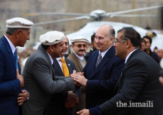 Mawlana Hazar Imam greets local leadership upon his arrival at the Diamond Jubilee Darbar at Aliabad, Hunza