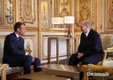 President Emmanuel Macron and Mawlana Hazar Imam in a one-on-one meeting at the Élysée Palace.