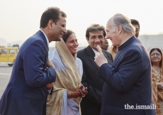 Mawlana Hazar Imam in conversation with ITREB India Chairman Sameer Maredia before departing from Mumbai Airport after a 10-day Diamond Jubilee visit to India.