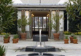 A view from the Reading Room showing the three fountains on the axis of the Roof Garden.