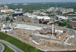 May 2011: As construction of the projects on Wynford Drive progresses, the prominent features of the Ismaili Centre, Toronto, and the Aga Khan Museum are starting to take shape.  This is a view of the construction site on 30 May 2011.