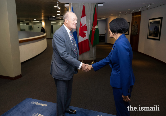 Mayor of Toronto Olivia Chow welcomes Prince Amyn to Toronto's City Hall.