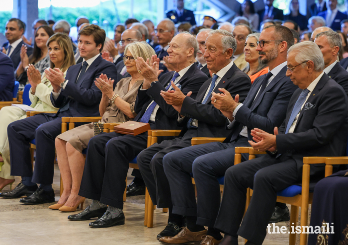 (L to R) President of the Ismaili Council for Portugal Yasmin Bhudarally; Prince Aly Muhamad Aga Khan; Vice President of the Portuguese Parliament Edite Estrela; Prince Amyn Aga Khan; President Marcelo Rebelo de Sousa; Prince Rahim Aga Khan; and Nazim Ahmad, Diplomatic Representative of the Ismaili Imamat to Portugal.