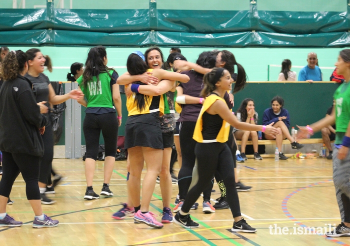 Participants congratulate each other at the Netball competition during the European Sports Festival 2019.