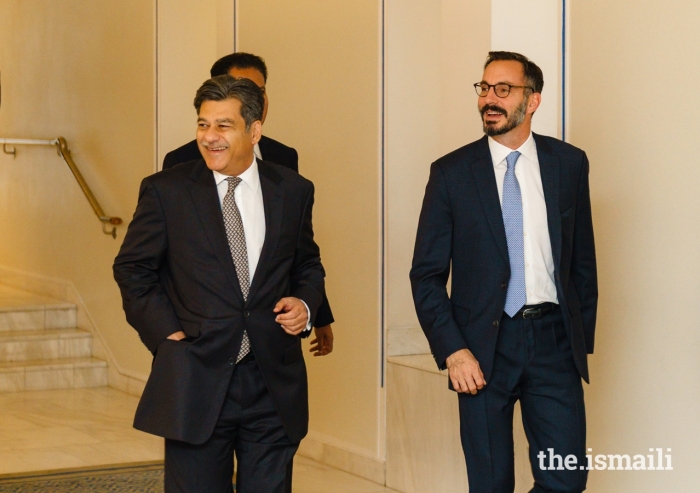 Prince Rahim and President Naushad Jivraj share a light moment shortly before departing the Ismaili Centre.