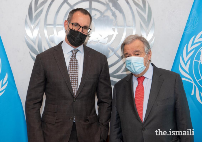 Prince Rahim and United Nations Secretary General Mr António Guterres in New York on 9 February 2022.