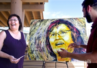 With social change and public interaction at the core of his art, Aquil Virani asked the public what adjectives describe inspiring women and picked 26 from A to Z to feature in 26 prints. This is a portrait of Kwanlin Dün First Nation Chief Doris Bill.