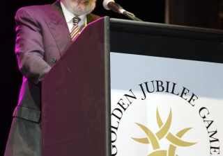 President Zul Abdul delivers an address at the Closing Ceremony of the inaugural Golden Jubilee Games. 