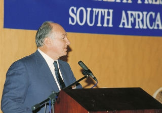 His Highness the Aga Khan delivering a speech at the Commonwealth Press Union Conference held in Cape Town.