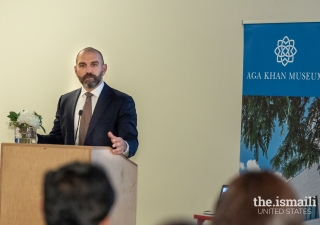 Dr. Michael Chagnon, the curator of the Rumi exhibition, addressed the audience at Atlanta Northeast Jamatkhana. Photo: Shama Manji.