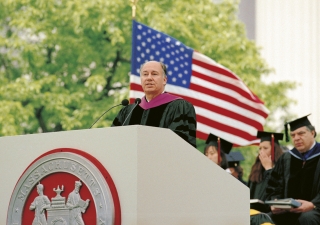 His Highness the Aga Khan delivering the Commencement speech at the ceremony held in the gardens of the Massachusetts Institute of Technology (MIT) in Cambridge, Boston.