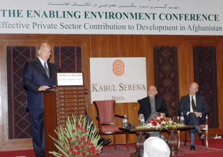 Mawlana Hazar Imam speaking at The Enabling Environment Conference, as President Hamid Karzai and Prince Amyn look on.