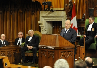 Mawlana Hazar Imam delivers a historic address to a joint session of the Parliament of Canada on 27 February 2014, at the invitation of Prime Minister Stephen Harper.