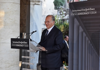 Mawlana Hazar Imam speaking at the Stoa of Attalos in Athens where he delivered a Keynote Address at the Athens Democracy Forum on the International Day of Democracy. 