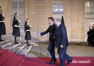 President Emmanuel Macron welcomes Mawlana Hazar Imam to the Élysée Palace for a dinner reception ahead of the Paris Peace Forum.