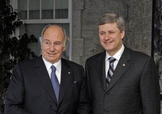 The Right Honourable Stephen Harper, Prime Minister of Canada, with Mawlana Hazar Imam in front of the Prime Minister’s residence at 24 Sussex Drive in Ottawa.